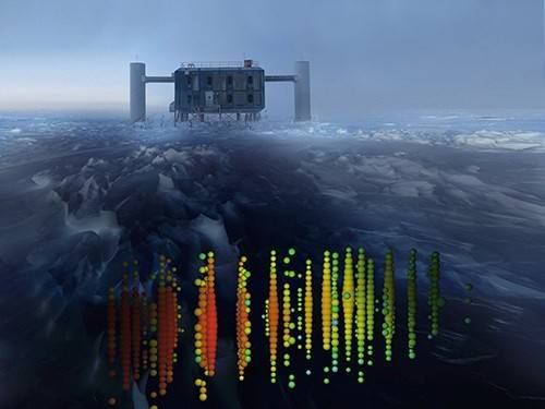 Estructura que alberga el experimento IceCube. Superpuesta, en la zona del hielo, una representación de cómo el revelador detecta los neutrinos.