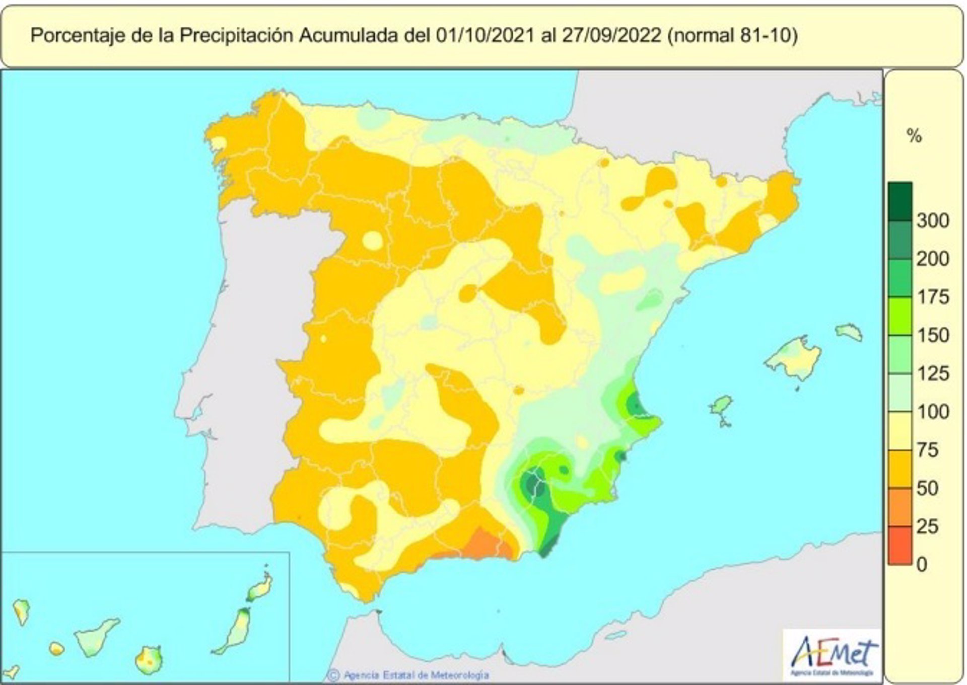 30/09/2022 Las lluvias acumuladas entre el 1 de octubre de 2021 y el 27 de septiembre de 2022 están un 26% por debajo de los valores normales. SOCIEDAD AEMET