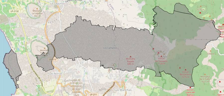 Zonas de exclusión del Tajogaite, sus coladas y la fajana.