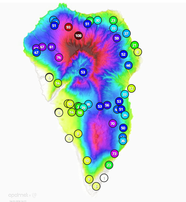 Mapa de Apalmet con los registros de lluvia de este martes.